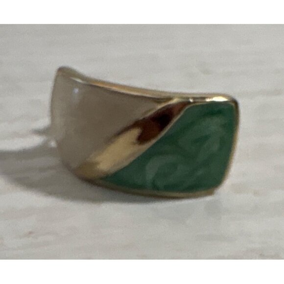 Gold-Tone & Turquoise Beige Enamel Curved Rectangle Half Hoop Earrings Stunning - Picture 2 of 8